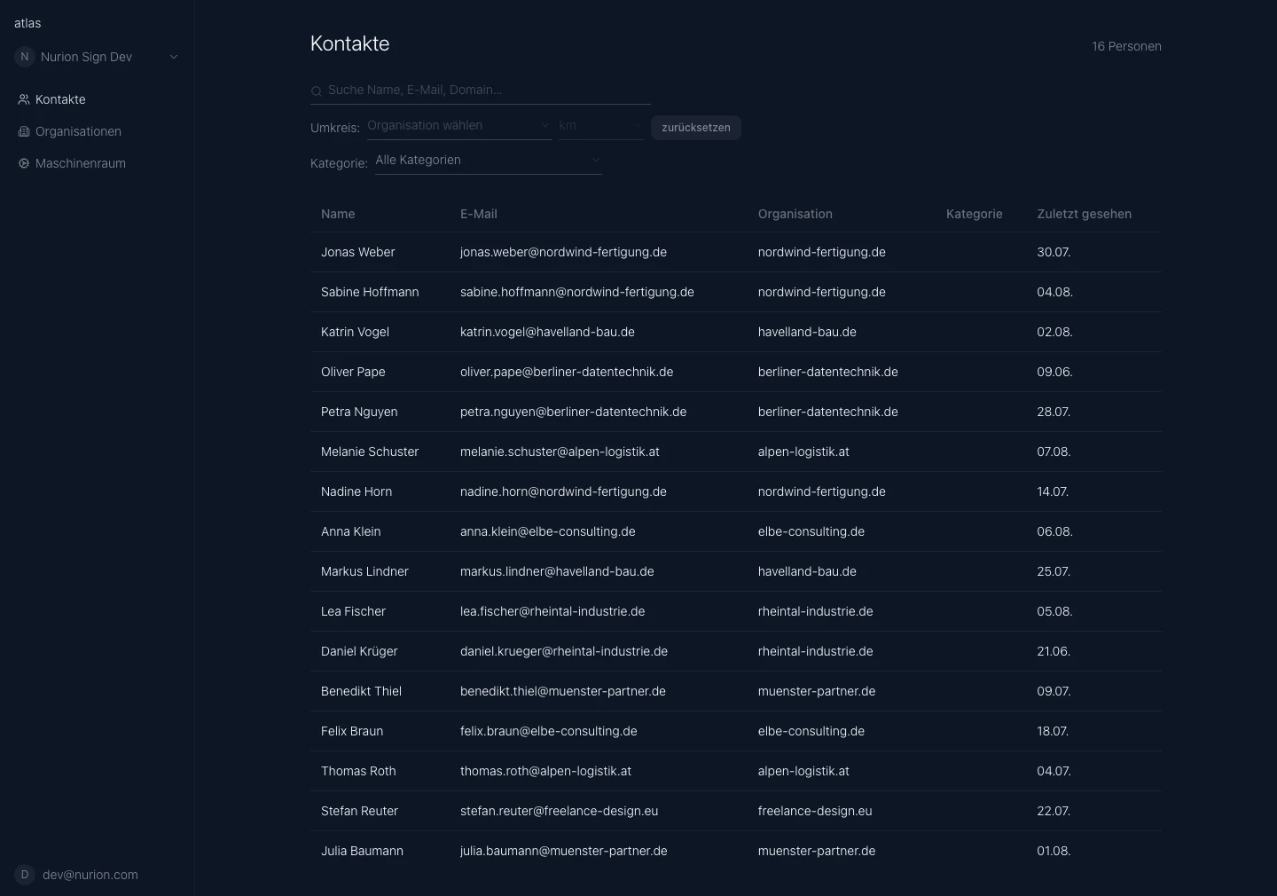 Atlas Kontakte screen: a table of contacts with their name, email, organization, and last-seen date.