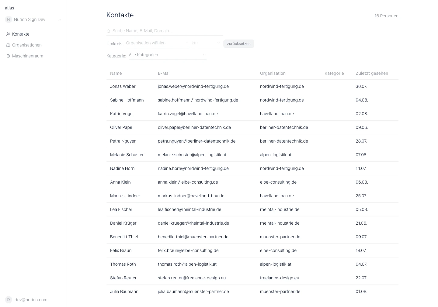 Atlas Kontakte screen: a table of contacts with their name, email, organization, and last-seen date.
